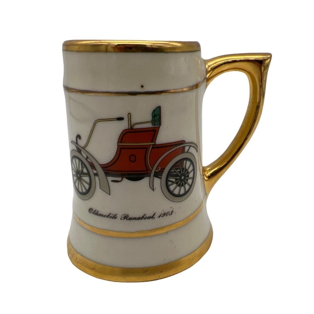 Oldsmobile Runabout 1903 Mini Stein Shot Glass Ceramic White Gold Trim 3" Tall
